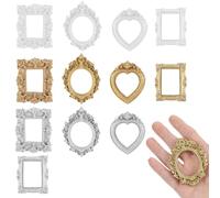 Heclia 12 Pcs Miniature Dollhouse Accessories Gold Foil Mini Picture Frames Set Dollhouses Ornaments for Crafts Victorian Baroque Style Dollhouse Frames in Gold Silver White for 1/12 Scale Display