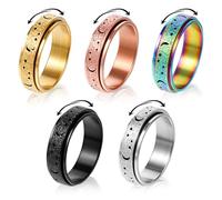 Heclia 5 PCS Fidget Rings Thumb Rotating Spinner Ring for Women & Men Stainless Steel Moon Star Anxiety Ring for Stress Relief Adults Fidget Band Spinner Rings Jewelry Gift Size 8 (Multicolor)