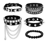 Heclia 5Pcs Punk Rock Spiked Studded Bracelet Set for Women Men Emo Jewelry | 80s Goth Spiked Bracelet, Adjustable PU Leather Cuff Bracelet, Y2K Chain Wristband, for Rocker Outfit, Halloween, Christmas