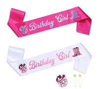 Heclia Birthday Girl Sash for Women Disco Cowgirl Happy Birthday Sash with Iridescent Foil Western Cow Theme Party Decorations Bachelorette Sashes for Sweet 16, 18th 21st 30th 40th 50th, Pink & White