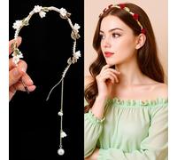 Heclia Flower Girl Hair Accessory for Wedding 2 PCS Gold Vine Leaf Boho Headband and Vintage Red Rose Renaissance Accessories Bridal Pearl Headpiece Wedding Princess Fairy Headband for Birthday Party