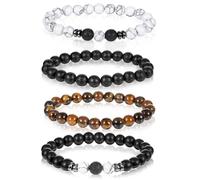 Heclia Mens Beaded Bracelets, Adjustable Stretch Bracelet Set for Men, 8Mm Tiger Eye Lava Rock Black Obsidian Link Chain Bracelets, Natural Stone Bracelet Gifts for Dad Husband Son Brother, 4Pcs