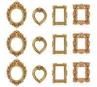 Heclia Miniature Dollhouse Mirror & Picture Frames Set 12 PCS Vintage Gold Resin Mini Frames with Carved Details for Wall Hanging Desktop Display Jewelry Showcase DIY Crafts 1/12 Scale Dollhouse Décor