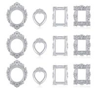 Heclia Miniature Dollhouse Mirror Picture Frames Set 12 PCS Vintage Silver Resin Mini Frames with Carved Details for Wall Hanging Desktop Display Jewelry Showcase DIY Crafts 1/12 Scale Dollhouse Décor
