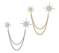 Heclia Rhinestone Star Brooch 2 PCS Silver & Gold Crystal Snowflake Tassel Lapel Pins Hanging Long Tassel Pins Clip Lapel Collar Bouquet Dainty Jewelry Brooches Dress Clothes Accessories for Women Men