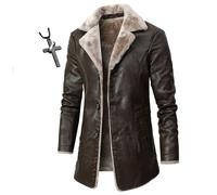 HECLOK Mens Genuine Leather Biker Jacket 3/4 Length Coat Wool Heating Warm Winter Long Leather Jacket Lined Duster Trench Coat+ Men's Necklaces (TYP-1,XL)