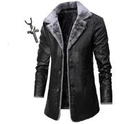 HECLOK Mens Genuine Leather Biker Jacket 3/4 Length Coat Wool Heating Warm Winter Long Leather Jacket Lined Duster Trench Coat+ Men's Necklaces (TYP-2,M)
