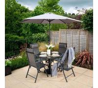 Hectare 4 Seater Dining Set With Parasol Reclining Chairs Glass Table In Grey Hectare Grey