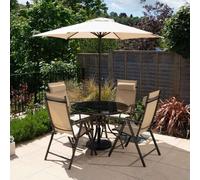 Hectare 4 Seater Dining Set With Parasol Reclining Chairs Glass Table In Mocha in Beige Hectare Beige