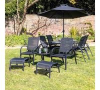 Primrose 6 Seater Leisure Dining Set Garden Furniture With Parasol Reclining Chairs Glass Table In Black