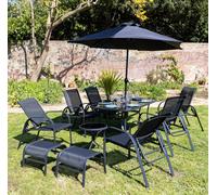 Primrose 6 Seater Leisure Dining Set Garden Furniture With Parasol Reclining Chairs Glass Table In Grey