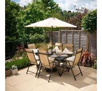 Hectare 6 Seater Dining Set With Parasol Reclining Chairs Glass Table In Mocha in Beige Hectare Beige