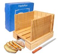 HEDDFAN Bamboo Bread Slicer For Homemade Bread - Built-In Knife Slot, Crumb Catcher & Storage Compartment - Adjustable Extra Wide & High For Sourdough - Long 12” Knife Blade Included