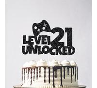 Heddonar Glitter Level 21 Unlocked Cake Topper - Gamer's Happy 21st Birthday Cake Supplies, Game Control 21st Birthday Party Decorations Black, HE-0011