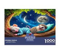 Hedgehog 1000 Piece Recycled Paper Puzzle Game - Hedgehog Pair Tree Nest Moonlit Cozy Sweet The Whole Family Activity for Home Wall Decoration38x26cm/1000pcs