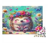 Hedgehog 1000Pc Jigsaw Puzzles for Women & Men Hedgehog with Flower Crown Smiling Impossible Hard Puzzle | Home Activity 38x26cm/1000pcs