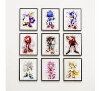 Hedgehog and Friends Wall Art Prints, Set of 9, A4 29.7 x 21 cm, Watercolour Splash Design, Colourful character wall posters for kids room