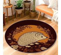 Hedgehog Area Rug, Autumn Nature Leaves Mushroom Fall Brown Low Pile Home Floor Doormat Circle Print Accents Rug Bathroom Entryway Kitchen Bedside Decor 3' x 3'