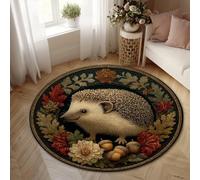 Hedgehog Area Rug, Autumn Rustic Flower Acorn Fall Brown Non-Slip Home Floor Circle Print Carpet Rugs for Living Room Bedroom College Dorm Kitchen Decor 5' X 5'