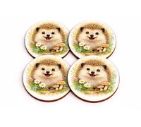 Hedgehog Art Coasters, Watercolour Style, Set of 4, 9cm Round, MDF with Cork Backing, Woodland Theme