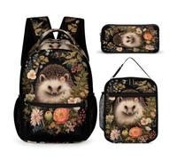 Hedgehog Backpack with Lunch Box Pencil Case for Kids Age 8, Animal Print School Backpack 3 Piece Set Year 1-2 for Boys Outdoor Learning Family Trips and Weekend Adventures