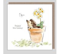Hedgehog Birthday Card - Adorable Hedgehog in Pot Illustrated Greeting Card