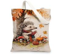 Hedgehog Canvas Tote Bag, Cute Forest Animal Pattern Reusable Shopping Bags, Fanciful Autumn Lightweight Washable Shoulder Tote for Travel Beach Picnic 13x15 Inch