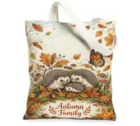 Hedgehog Canvas Tote Bag, Rustic Fanciful Autumn Leaves Butterfly Fall Brown Everyday Tote Bag 13x15 Inch, Brown, 13x15 Inch