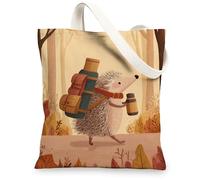 Hedgehog Canvas Tote Bags, Cute Animal Design Reusable Grocery Bags, Fanciful Forest Style Lightweight Washable Shoulder Ba, Beige, 13x15 Inch