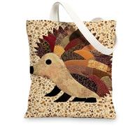 Hedgehog Canvas Tote Bags, Cute Animal Patchwork Design Reusable Shopping Bags, Rustic Quilted Fabric Lightweight Washable, Beige, 13x15 Inch