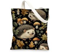 Hedgehog Canvas Tote Bags, Cute Animal Pattern Reusable Grocery Bags, Forest Inspired Lightweight Washable Shoulder Strap Canvas Bags for Gym Outdoor Travel Beach Picnic 13x15 Inch