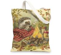 Hedgehog Canvas Tote Bags, Cute Forest Animal Design Lightweight Reusable Shopping Bags, Rustic Nature Print Washable Shoul, Beige, 13x15 Inch