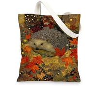 Hedgehog Canvas Tote Bags, Cute Hedgehog Leaf Pattern Reusable Grocery Bags, Vintage Chic Lightweight Washable Shoulder Strap Canvas Bags for Outdoor Travel 13x15 Inch