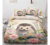 Hedgehog Duvet Cover Single Bedding Sets - Animal Reversible Patterned Quilt Cover Set 2 pcs with Zipper Closure and 1 Pillowcase 50x75 cm, Easy Care Soft Brushed Microfiber Bed Set