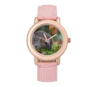 Hedgehog Exploring The Grass Women's Leather Watch Easy Reader Minimalist Wristwatch Pink Rose Gold Strap Watches
