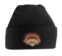 Hedgehog Face Cute Animal Embroidered Beanie Hat Logo Men's - Black