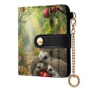 Hedgehog Family Green Print Small Women Wallet Leather RFID Blocking Bifold Compact Card Holder with Coin Pocket Zipper Purse for Ladies Women Girls