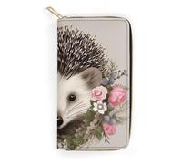 Hedgehog in Floral Wreath Leather Wallet for Men Women Slim Vertical Purse Long Wallet with Zipper Card Holder, white, 19.7x10.5cm