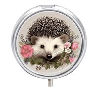 Hedgehog in Floral Wreath Pill Box 3 Compartment Travel Pill Organizer 3 Times A Day Cute Mini Pill Case for Purse & Pocket Portable Metal Medicine Box with Mirror Round Daily Medicine Vitamin Contain