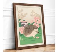 Hedgehog in the Garden Japandi Framed Wall Art Print A4 (29.7×21cm) Walnut, Wall Decor for Living Room, Bedroom, Office & Home, Ready to Hang, Art Gift