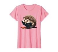Hedgehog is Reading a Book, Reading Hedgehog T-Shirt, Women, Pink, Medium