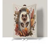 Hedgehog Leaves Fleece Blanket Throw For Couch Bed, Autumn Animals Decorative Blankets, Cozy Soft Lightweight Fuzzy Flannel Blanket Suitable For All Seasons, 80"X80", Beige