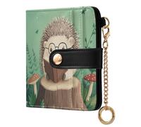 Hedgehog Mushroom Fall Green Print Small Women Wallet Bifold RFID Blocking Leather Compact Card Holder with Coin Pocket Zipper Purse for Ladies Women Girls