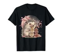 Hedgehog Ramen Sakura Flowers Moon Artwork Pagoda Tower T-Shirt
