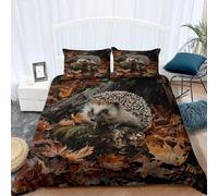 Hedgehog Single Duvet Cover Sets Autumn Leaves Bedding Single Bed Set 3D Print Ultra Soft Microfiber Quilt Cover 135 x 200 with Zipper Closure and 2 Pillowcases C-464