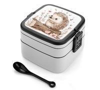 Hedgehog Sitting on Top Bento Box with Spoon & Handle - 2 Compartment Leak-Proof Stackable Lunch Box for Adults, BPA-Free Reusable Food Containers for Work, Travel, Picnic