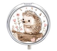 Hedgehog Sitting on Top Pill Box - 3 Compartment, Round Metal Pill Case with Mirror, Portable Medicine Holder for Purse/Wallet/Travel