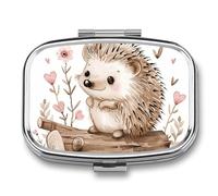 Hedgehog Sitting on Top Pill Box Travel Pill Organizer 2 Compartment Weekly Pill Case with Mirror A Day Medicine Container Medicine Organizer for Purse, Pocket, Or Wallet