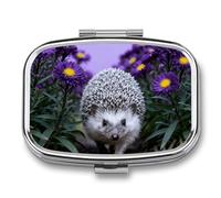 Hedgehog Through Asters Pill Box - 2 Compartment Travel Pill Organizer with Small Mirror, Portable Pillcase for Pocket & Purse, Cute Square Medicine Case, Weekly Medicine Container