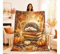 Hedgehog Throw Blanket, Autumn Fanciful Pumpkins Candle Fall Warm Orange Flannel Blanket Soft Lightweight Decorative for Couch Sofa Bed Lap Office Chair Desk 50x60 Inch